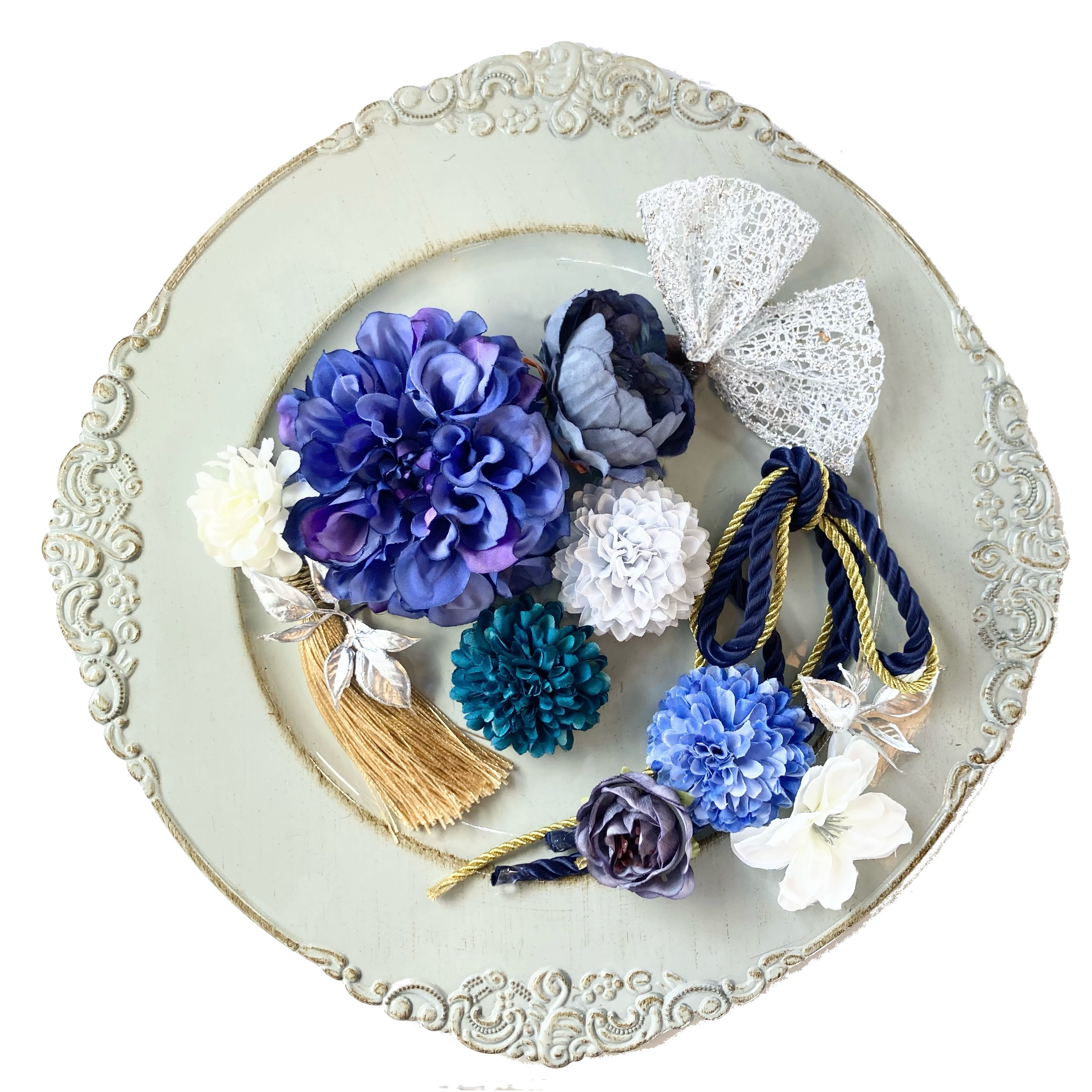 パープル ブルー 髪飾り  選べる リボン と タッセル 結婚式 着物 成人式 青　紫