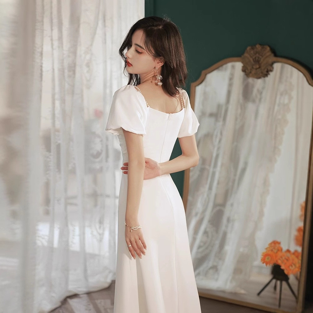 パーティードレス 白 黒 パフスリーブ シンプル 韓国風 誕生日 披露宴 演奏会 前撮り 二次会 お呼ばれ AK654