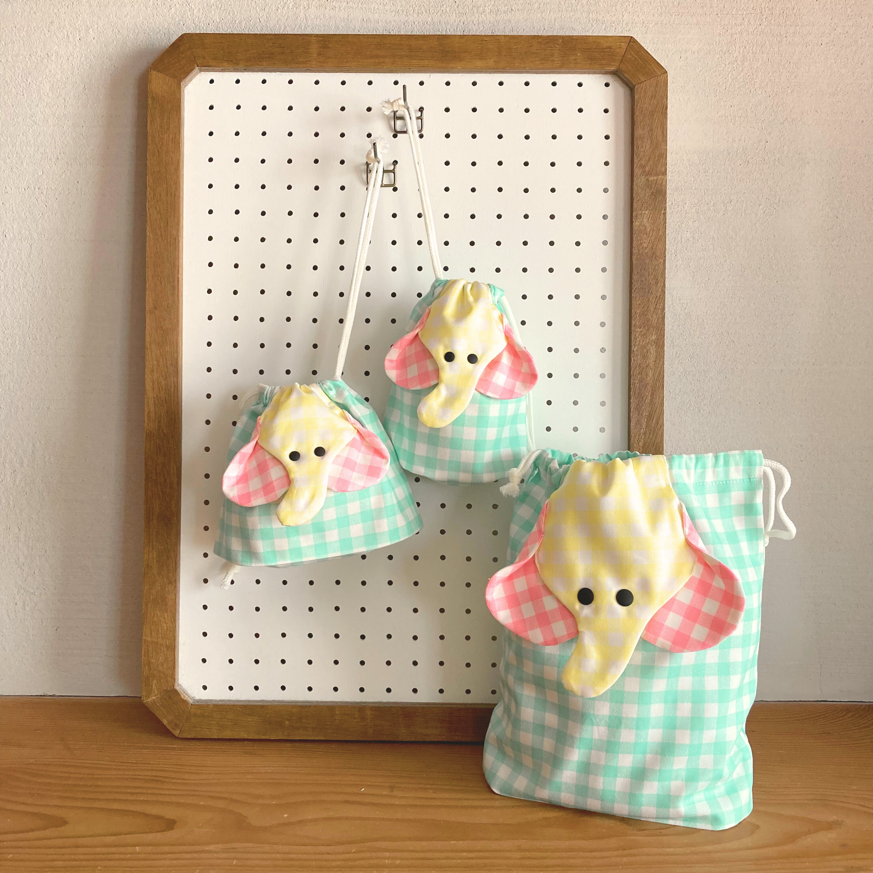 ぞうさん巾着３点セット【チェック】