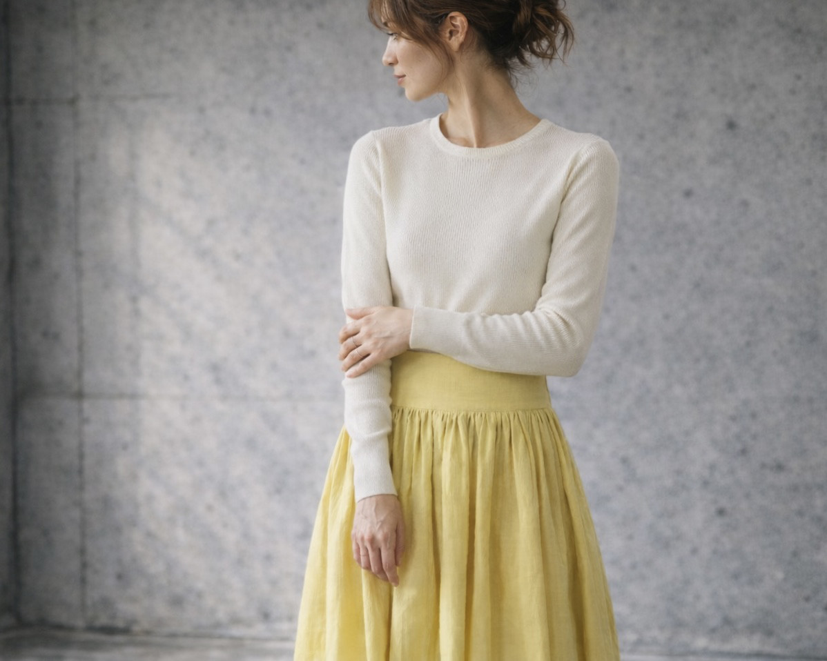 【全２２色】ふっくら厚み2倍のとろみダブルガーゼのギャザーカフェエプロン／バックリボンダブルガーゼエプロン／イエロー