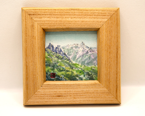 蛙岩と槍ヶ岳」桐額 水彩画 絵サイズ7.5㎝角正方形 北アルプス 表銀座