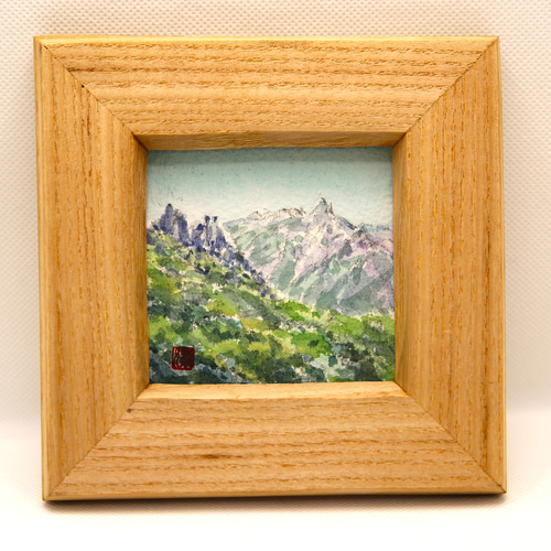 自作の岩彩画です！ 蛙岩と槍ヶ岳」桐額 水彩画 絵サイズ7.5㎝角正方形 北アルプス 表銀座