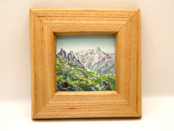 蛙岩と槍ヶ岳」桐額 水彩画 絵サイズ7.5㎝角正方形 北アルプス 表銀座