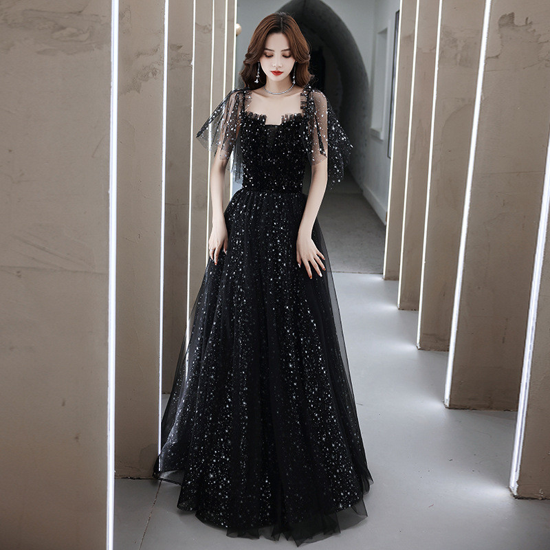 パーティードレス 黒 スパンコール キラキラ 韓国風 誕生日 披露宴 演奏会 前撮り 二次会 お呼ばれ AK659