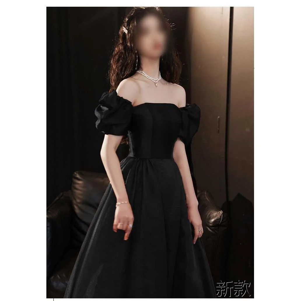 高級感 パーティードレス 黒 パフスリーブ シンプル 韓国風 誕生日 披露宴 前撮り 二次会 お呼ばれ AK668