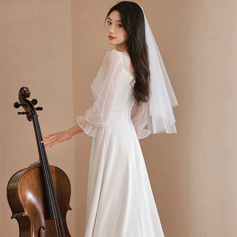 ウェディングドレス 白 黒 長袖 シンプル 韓国風 優雅 花嫁 パーティー 披露宴 前撮り 二次会 お呼ばれ AK670 8,972円