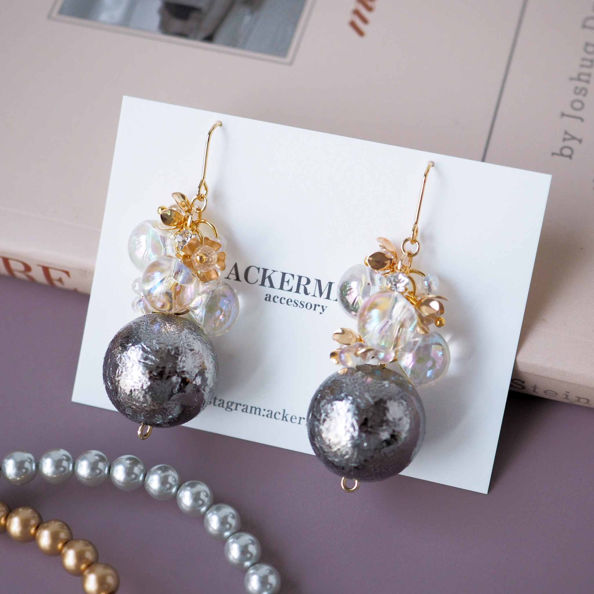 【#1023】クリア　パール　銀箔　ハンドメイドアクセサリー　ピアス　イヤリング 54bcd85dd6107dcad4ac3796492649