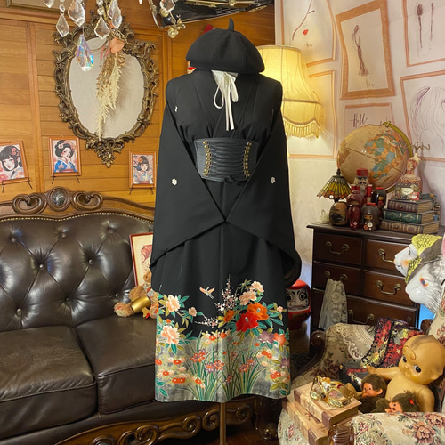 黒留袖 着物 リメイク ワンピース ドレス 和洋折衷 洗える 化繊 翡翠の