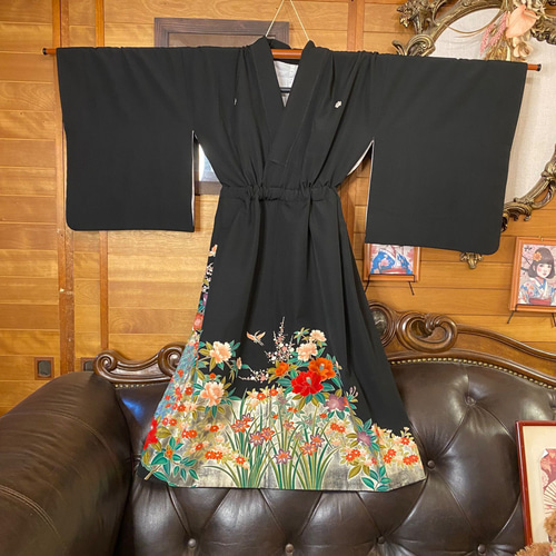 黒留袖 着物 リメイク ワンピース ドレス 和洋折衷 洗える 化繊 翡翠の