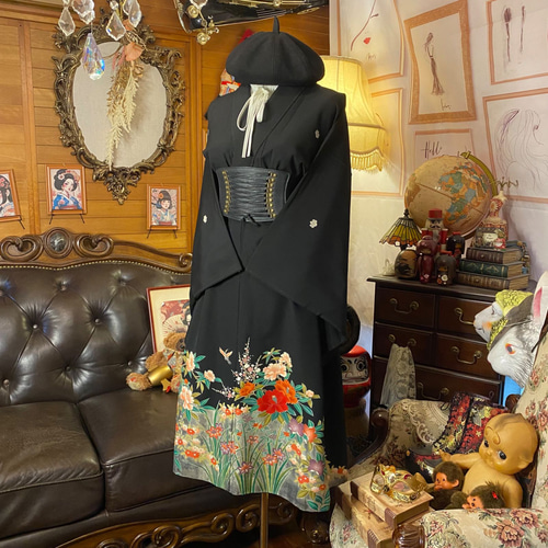 黒留袖 着物 リメイク ワンピース ドレス 和洋折衷 洗える 化繊 翡翠の