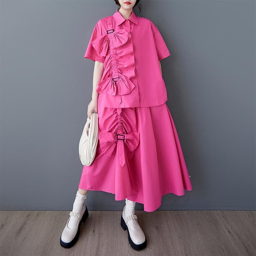 大きいサイズ セットアップ スカート ピンク レディース 春夏 新品