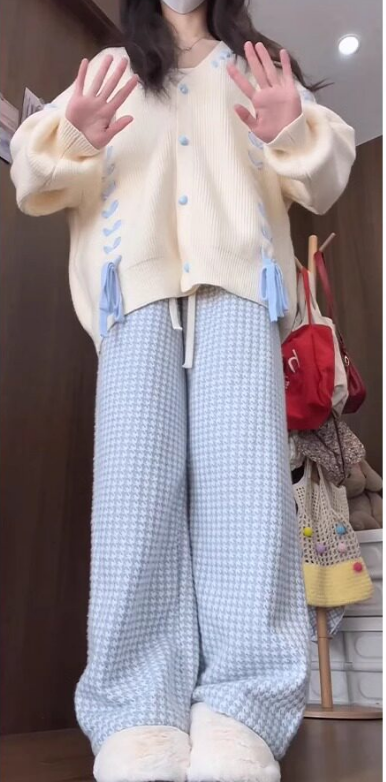 ウールブランケットチェック柄ワイドパンツ 女性秋冬2026新作 小柄体型用厚手綿パンツ ブルー格子柄