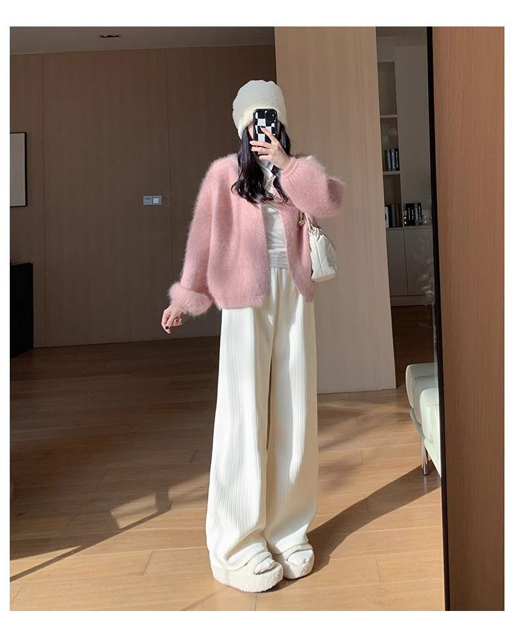 白シニールワイドパンツ女性秋冬2026新小柄ギャザー冬のゆったりbfけだるいカジュアルパンツ
