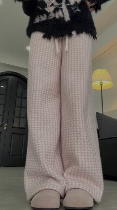 ラムネ千鳥格子ワイドパンツレディース秋冬2026新作小柄厚手コットンパンツハイウエストピンクチェックパンツ