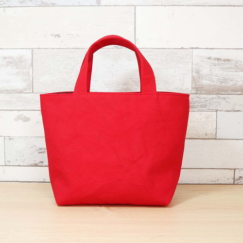 ファミリア風赤チェック×赤帆布 岡山帆布8号使用 前ポケット付きランチ