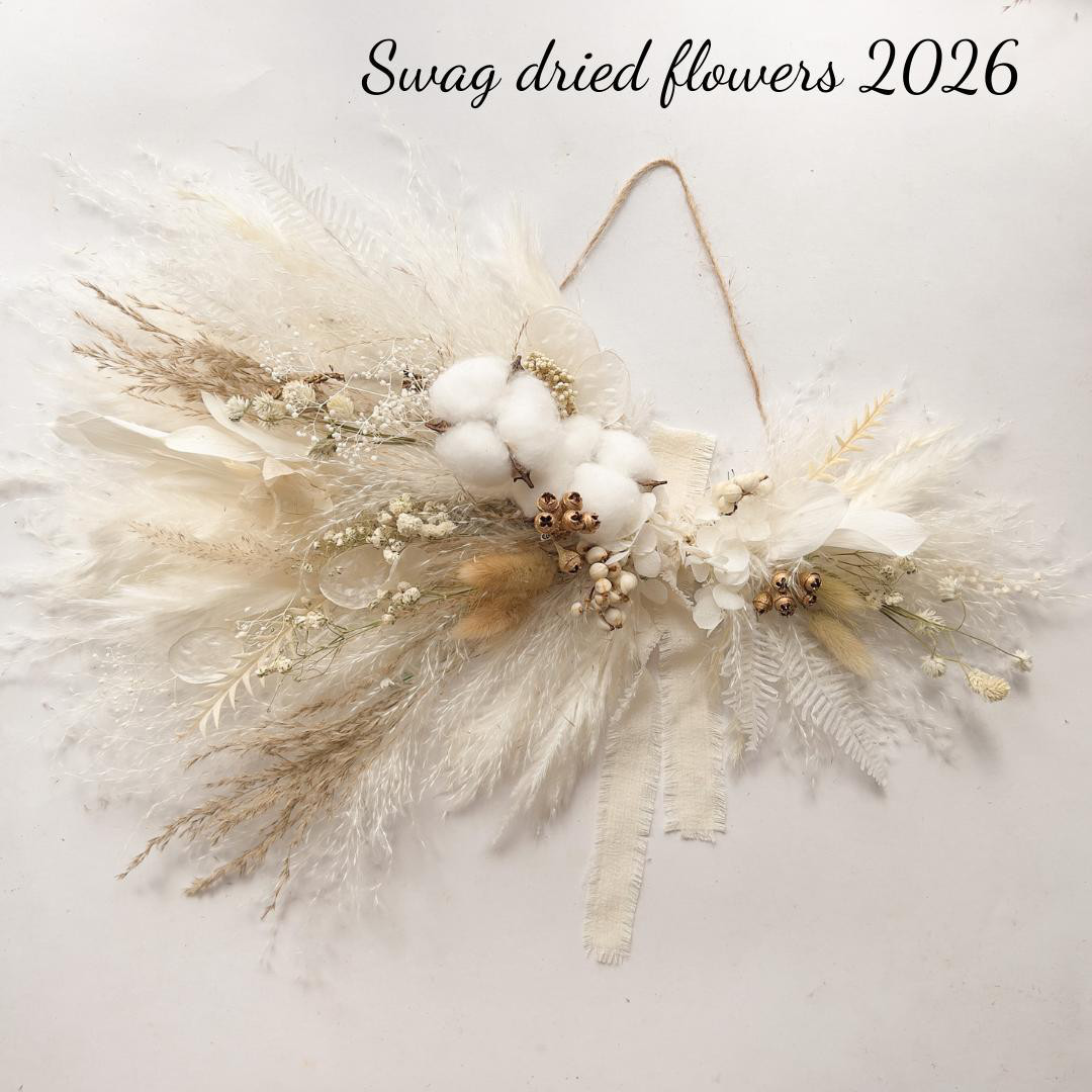 横長スワッグ ドライフラワー コットンフラワー パンパスグラス ホワイト 壁飾り