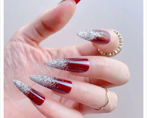 N395》既成ネイルチップ24枚セット 赤シルバーラメグラ 成人式 ロング