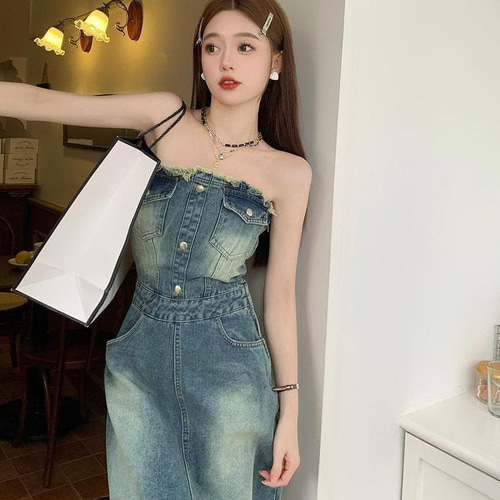 新品夏秋 大きいサイズ ダメージ加工 デニム ワンピース ベアトップ 4L