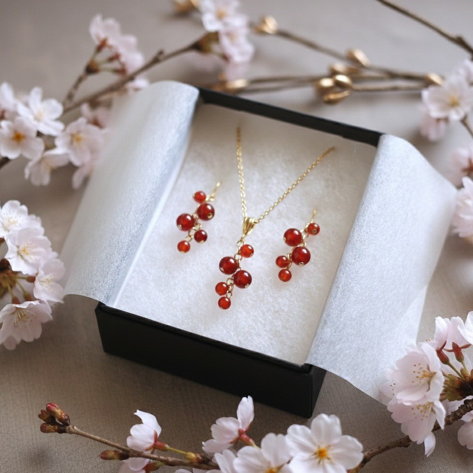 新春福袋＊赤メノウのネックレスとピアスのセット＊silver925：18kgp＊金アレ対応・卒業祝い・入社祝い