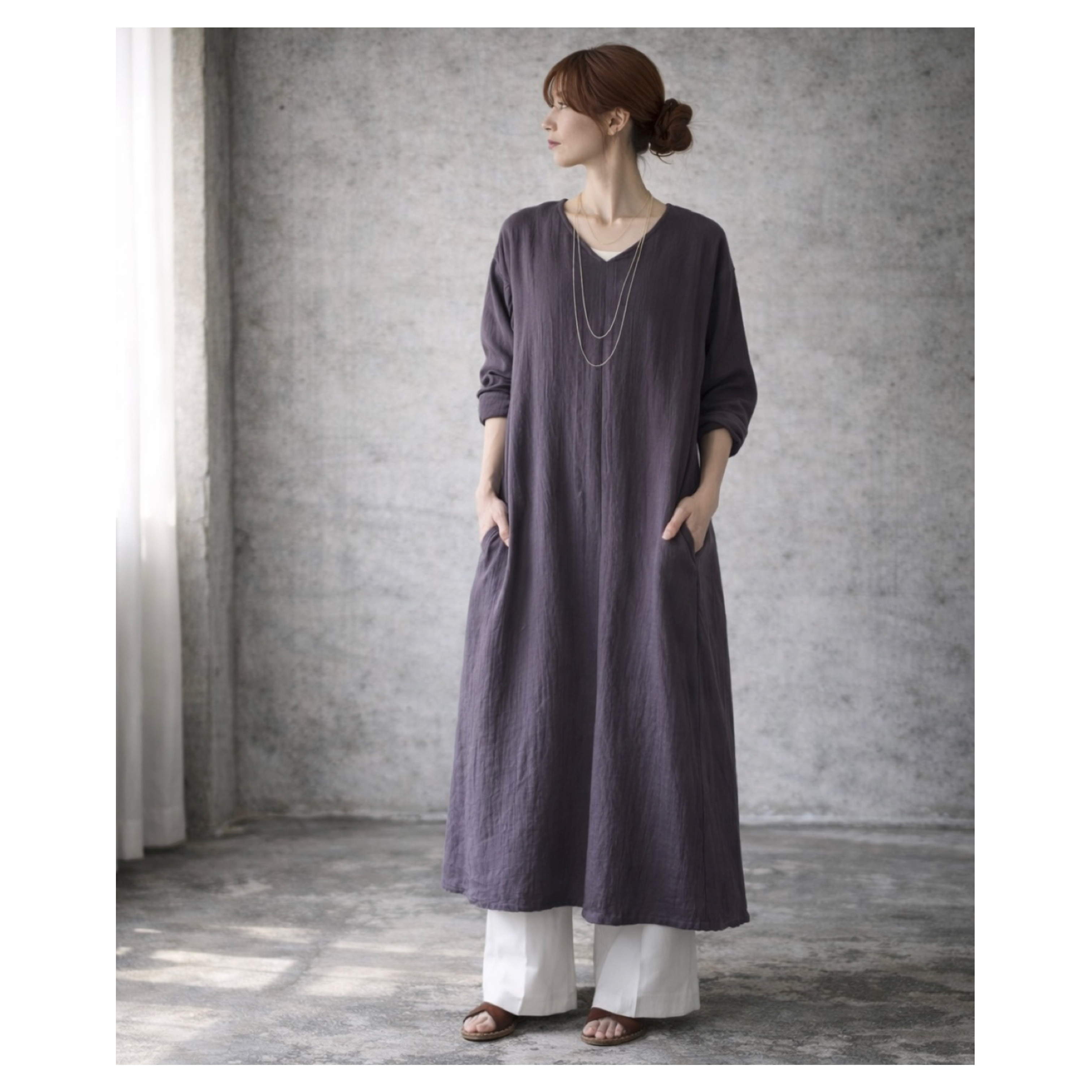 ふわふわ厚みが2倍／ゆったりリラックスワンピース／厚手ダブルガーゼワンピース／オーバーサイズ／ルームウェア／チャコール