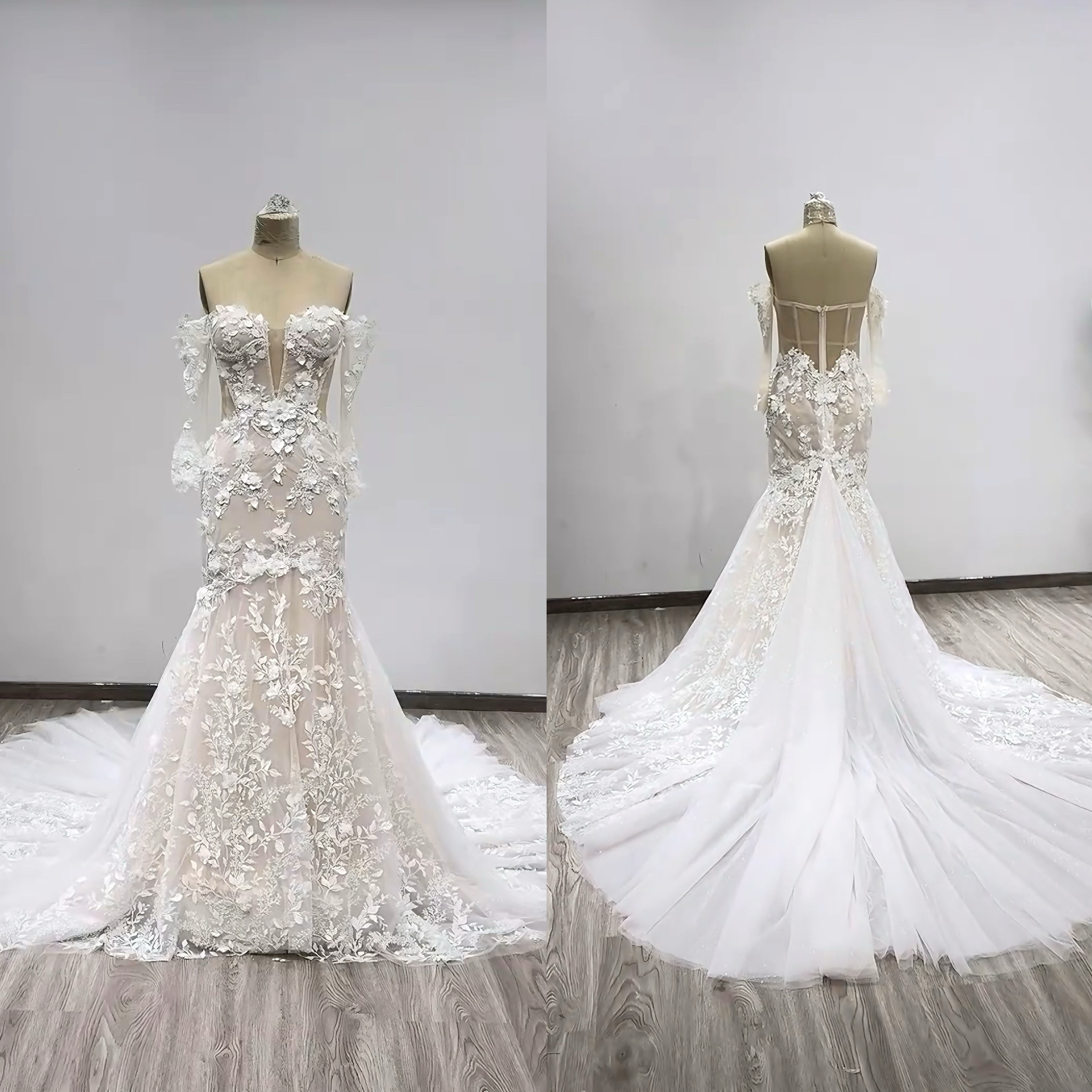 高品質保証！魅惑の小花レース　高級感　リーフ　背中空き　トレーン　エレガント　vネック　ファスナー　前撮りお呼ばれ結婚式