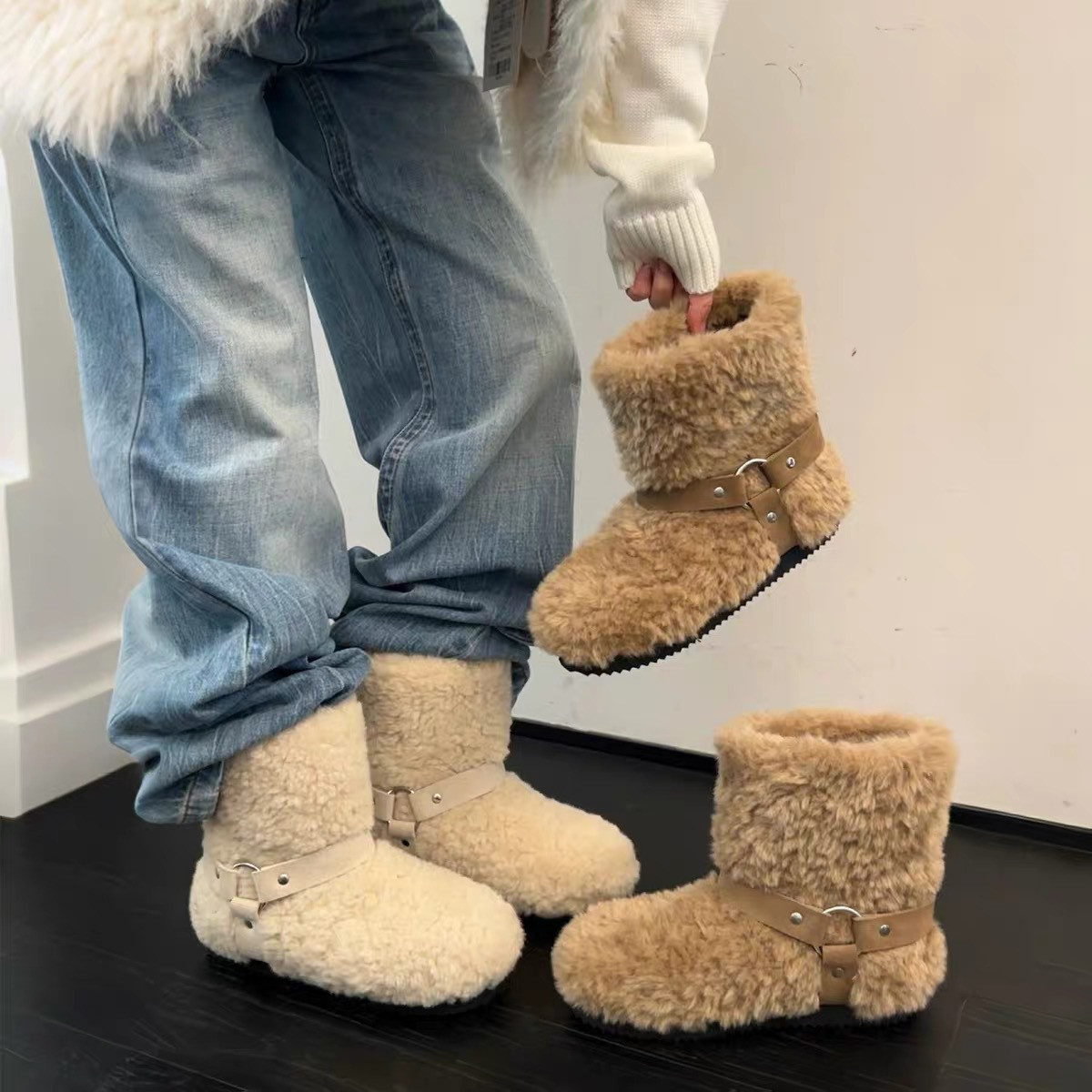 女性用 モコモコスノーブーツ 冬 裏起毛 ベルトバックル ショートブーツ22.5-25cm#1278