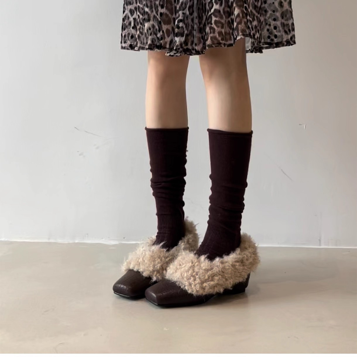 秋冬新作 角トゥ スリッポン モコモコ 内増高 太ヒール 裏起毛 レディースシューズ22.5-25cm#1279