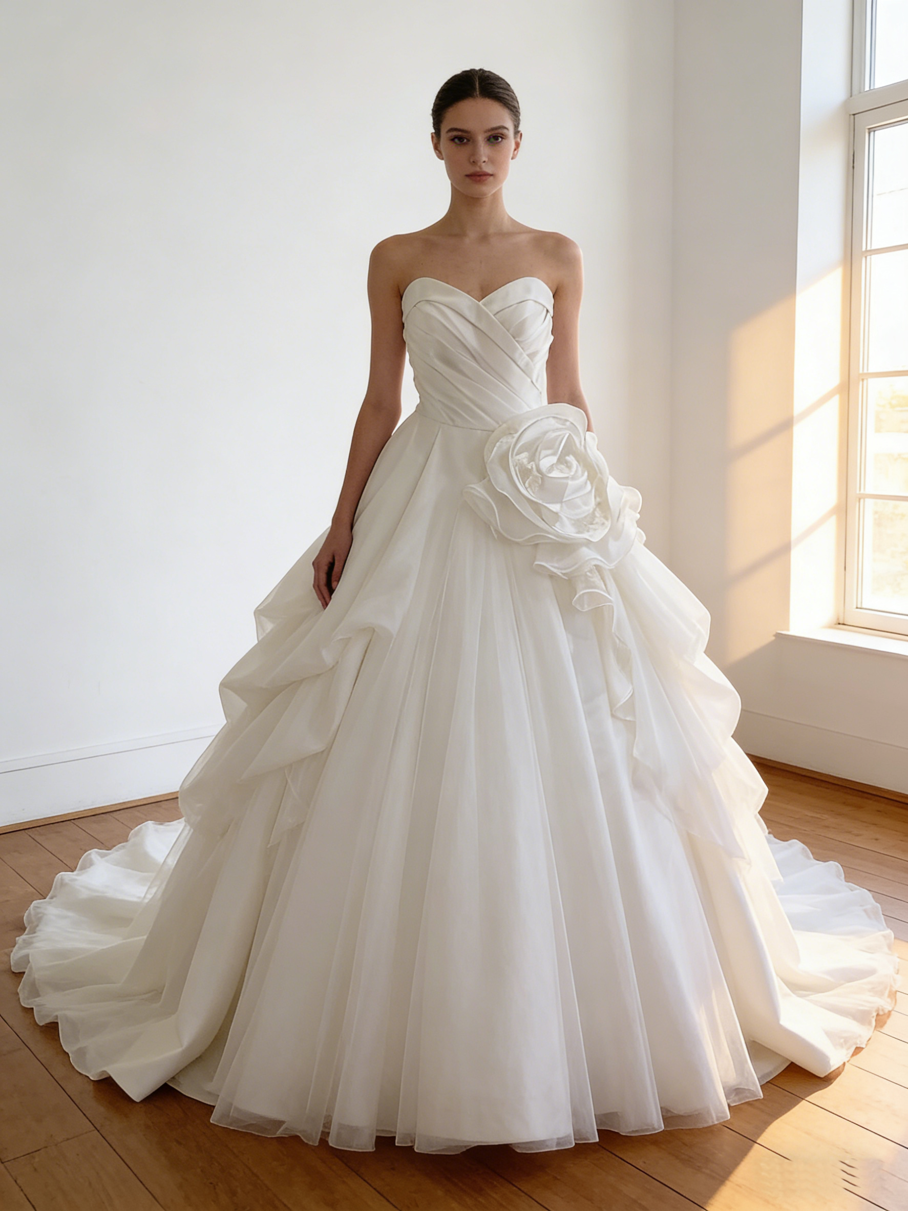 ウエディングドレス オフホワイト バラトレーン スリット 華やかなトレーン ビスチェドレス 結婚式