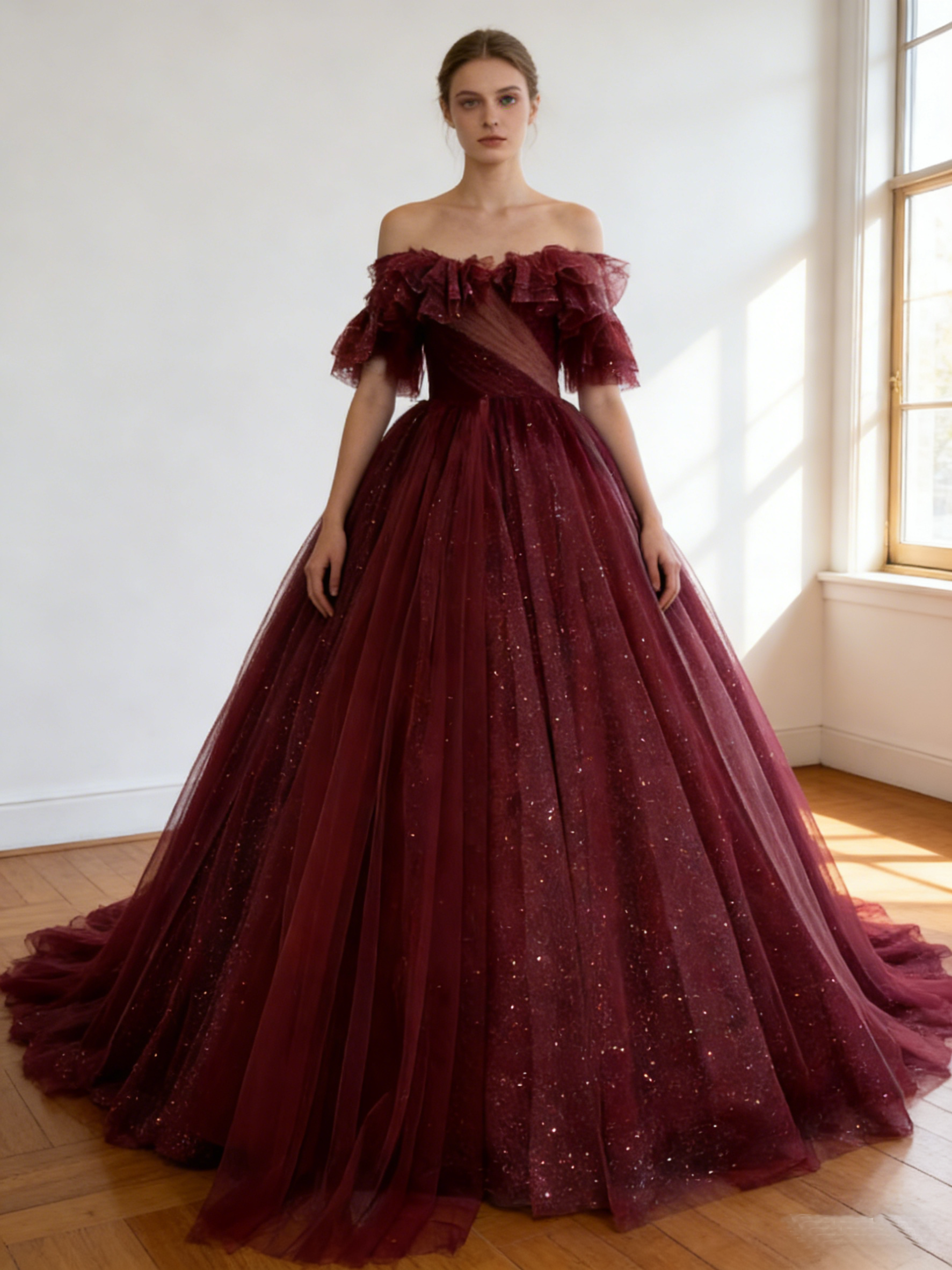 カラードレス  ボルドー色  オフショルダー シークインチュール  華やかなトレーン  結婚式