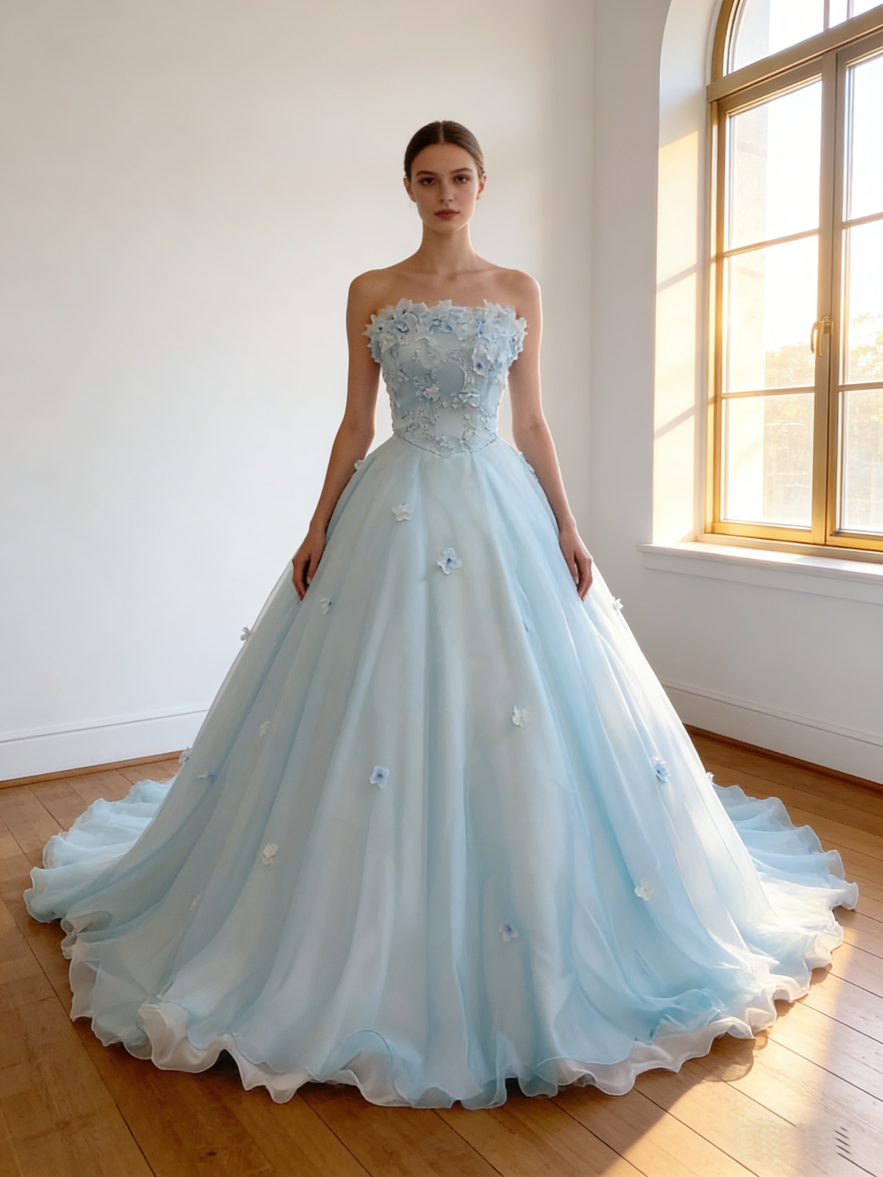 カラードレス  爽やかで優しいブルー 花モチーフ   編み上げ  ソフトチュール  華やかなトレーン ビスチェドレス