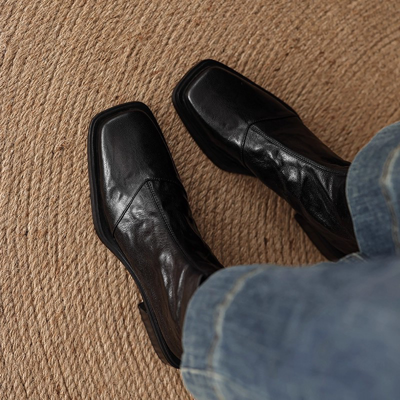 ミディアム太ヒール ショートブーツ 秋冬 スリム 新作 ブラック 角トゥ マーチンブーツ 女22.5-25cm#1283