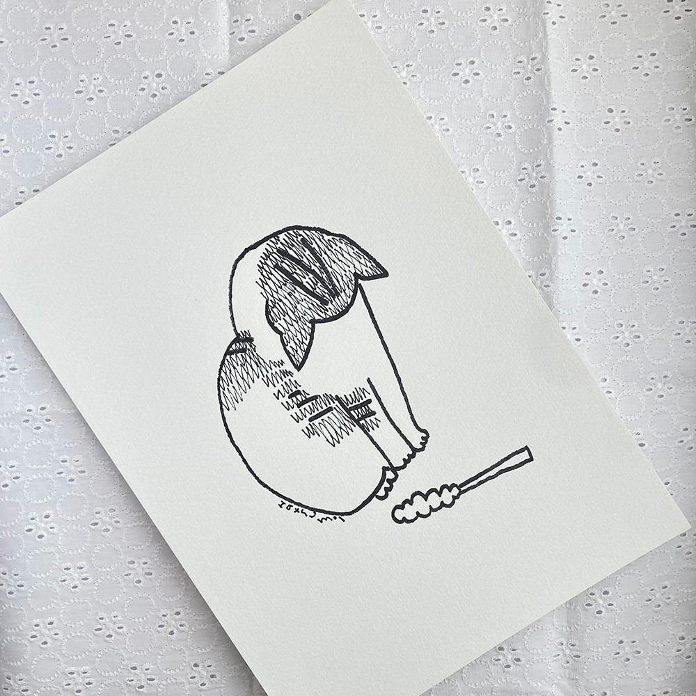 （イラスト原画）おもちゃをを見つめる猫　※原画のみ/額縁なし※　　原画　イラスト　アート　動物　猫　線画