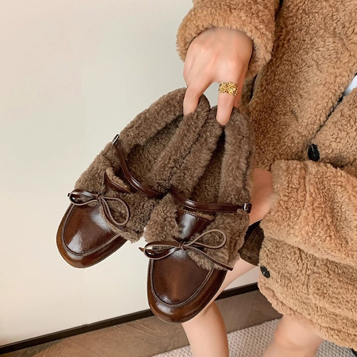 モコモコ 保温裏起毛 ディープカット 冬用通勤 ローファー メリージェーン レディースシュー22.5-25cm#1284