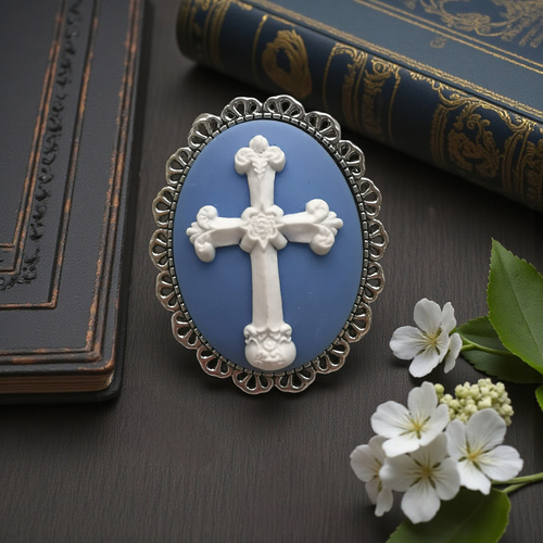Cameo Brooch #111 カメオ ブローチ 十字架 ブルー クロス ブローチ