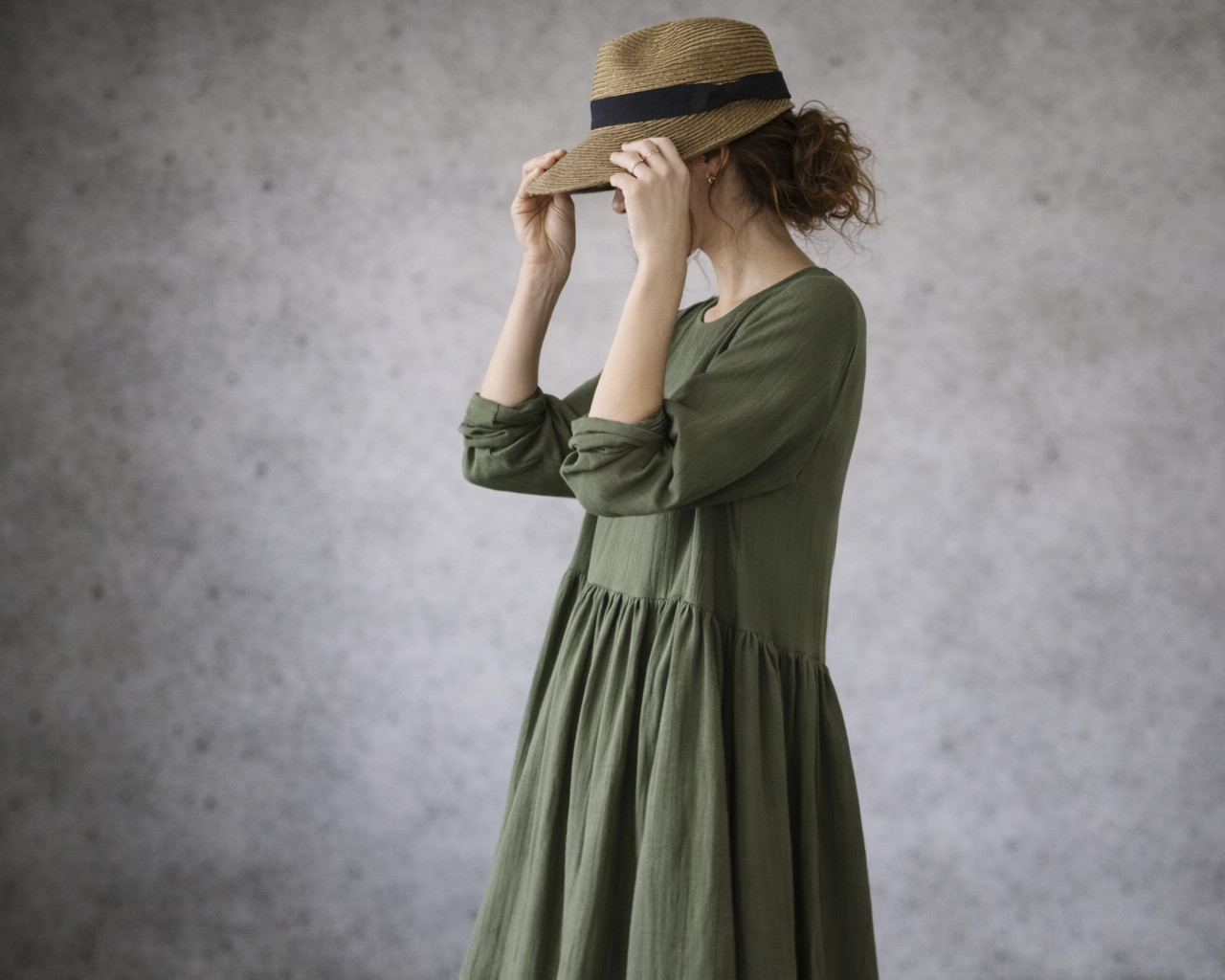 【全22色】ふわふわ厚みが2倍とろみダブルガーゼギャザーワンピース／厚手ダブルガーゼワンピース／ルームウェア／カーキ