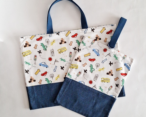 サイズ変更可能】乗り物たくさんのレッスンバッグ・シューズケース