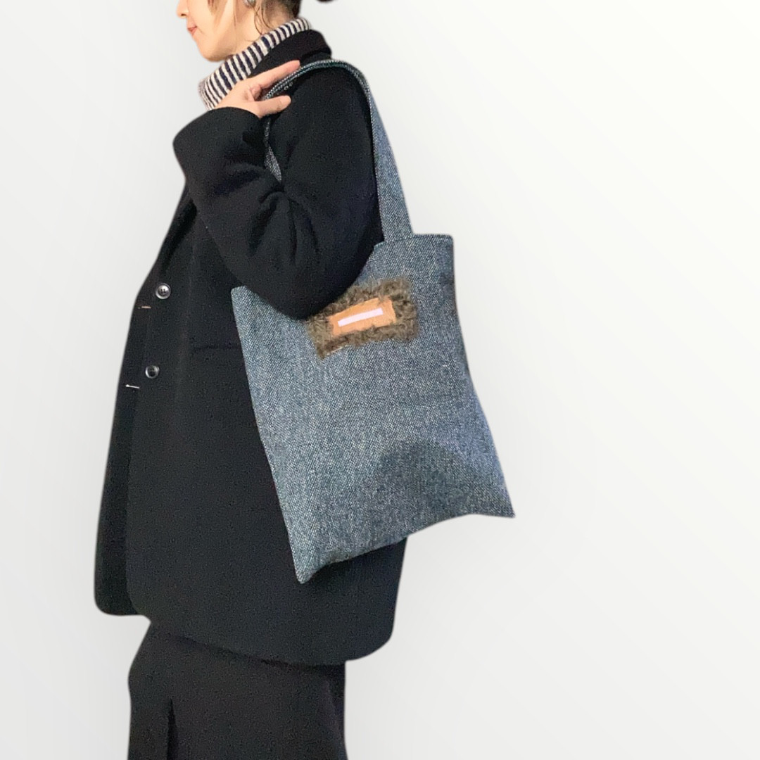 デッドストックテーラー生地のトートバッグ／ブルー系ツイード【1点物】