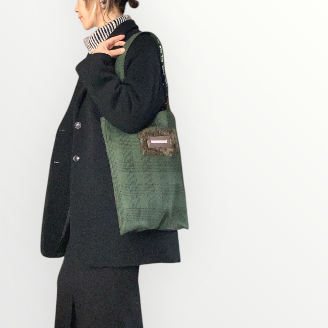 デッドストックテーラー生地のトートバッグ／グリーンチェック柄【1点物】