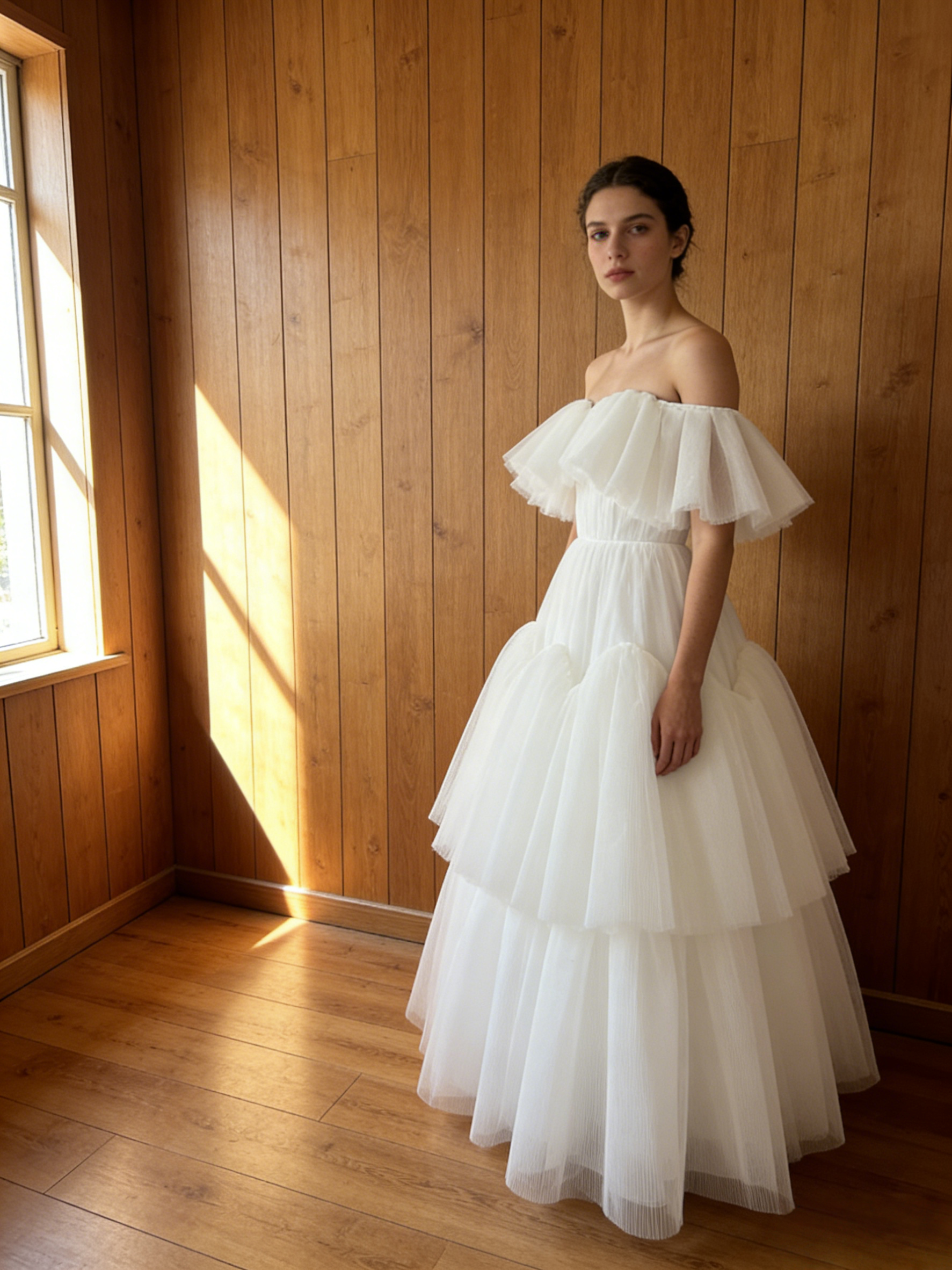 韓国風ウエディングドレス　もこもこチュールドレス　プリーツ　ボリューム　オフホワイト オフショルダー　色オーダー可能