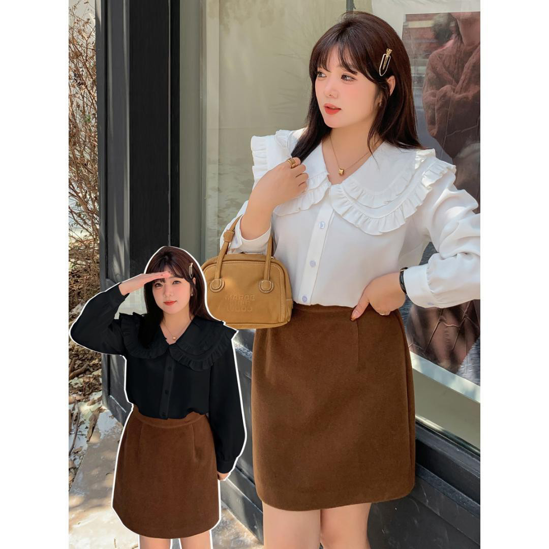 大きいサイズ レディース フリル襟　秋冬 トップス　長袖　厚手　ブラウス