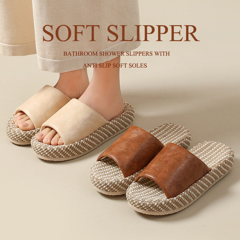 男女兼用 ルームシューズ 四季用 高級感レザー調 リネン素材 吸汗防臭 厚底 滑り止め フローリング専用 室内用 2.