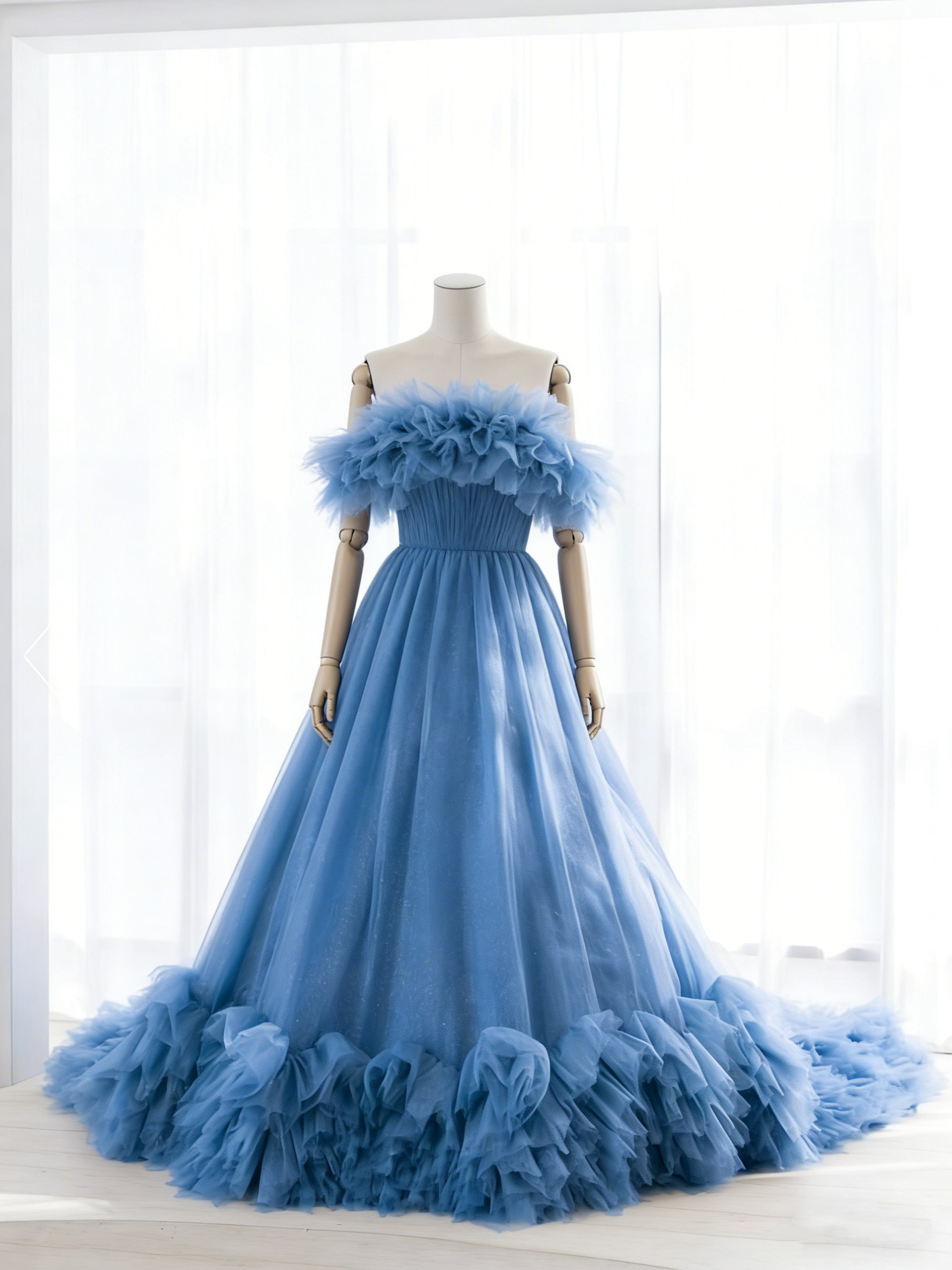 送料無料！カラードレス ブルーグレー 取り外し可能なオフショルダー リボントレーン キラキラドレス 結婚式 エレガント