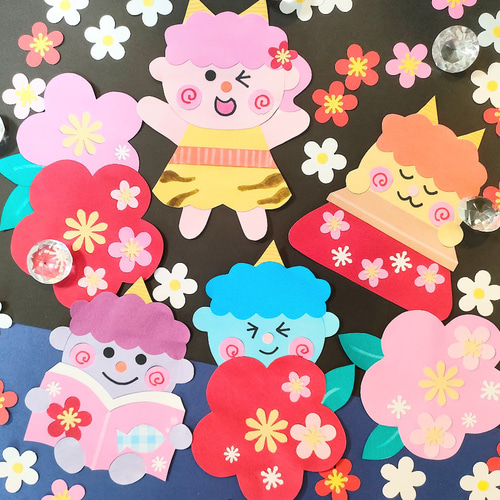 ラミネート可 節分 梅 鬼 こたつ 本 色紙 壁面 アルバム ～鬼たちの