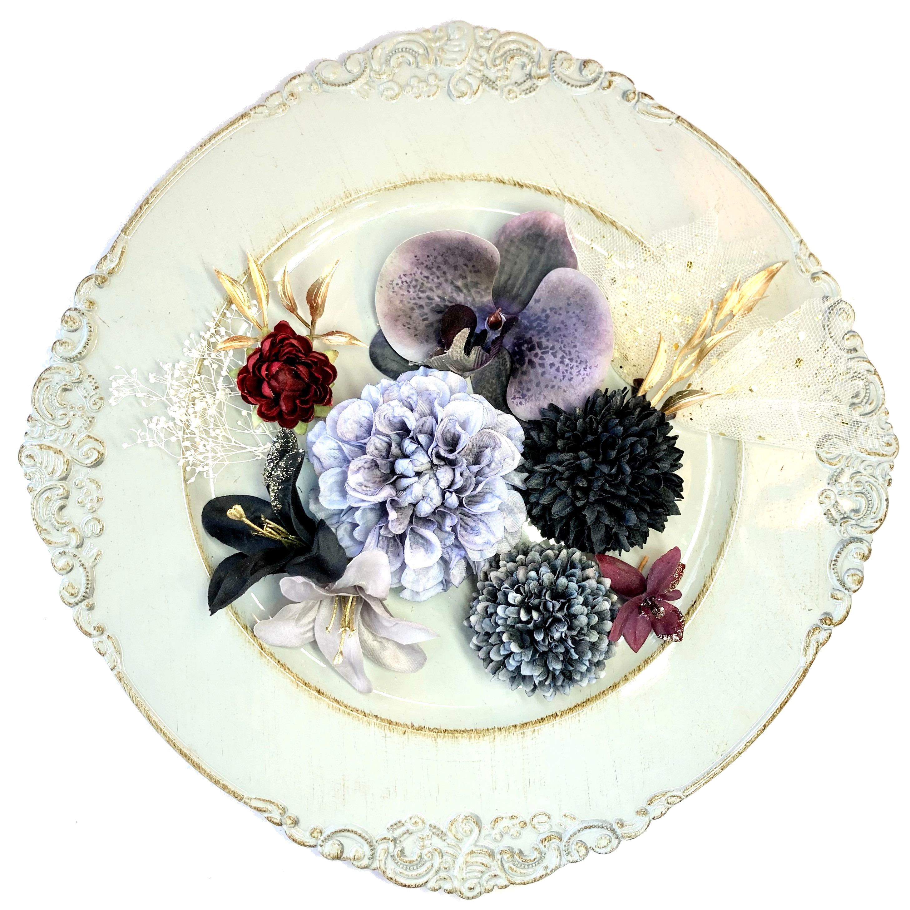 ダリア に パープル グレー 胡蝶蘭 と ミニ カサブランカ 髪飾り  GB　選べる リボン 結婚式 着物 成人式 黒