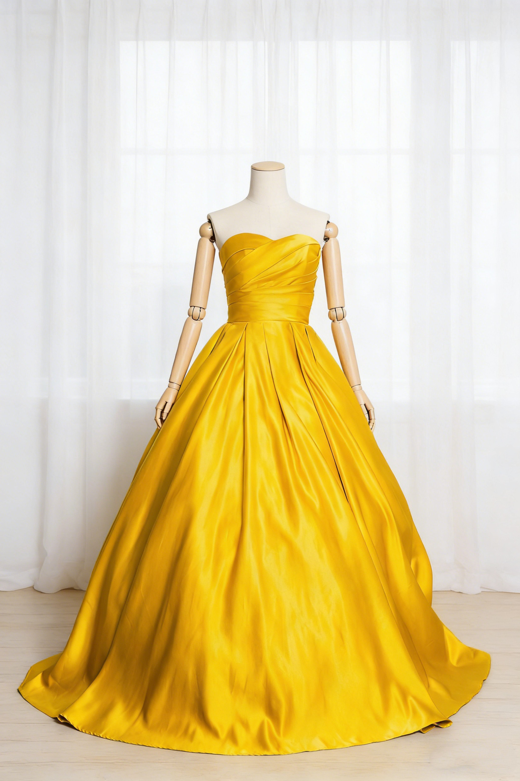 送料無料！カラードレス イエロー ベアトップ 光沢サテン 前撮り スレンダーライン ロングドレス  オーダーメイド可能