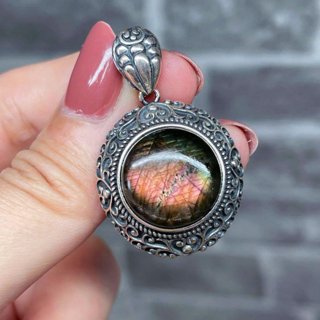 ★天然石★【男女兼用】純銀製♡オレンジ太陽♡極上天然無処理ラブラドライトS925ネックレス