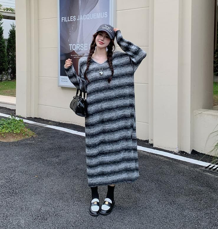 大きいサイズ ボーダー　ワンピース　ロング　レディース 秋冬　春 新品 長袖