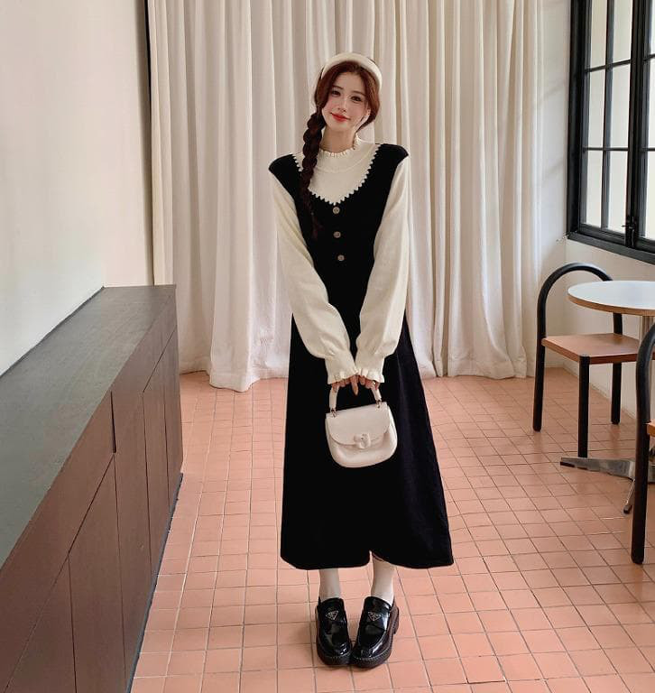 重ね着風　ワンピース　大きいサイズ レディース 秋冬　春 新品 長袖　ガーリー