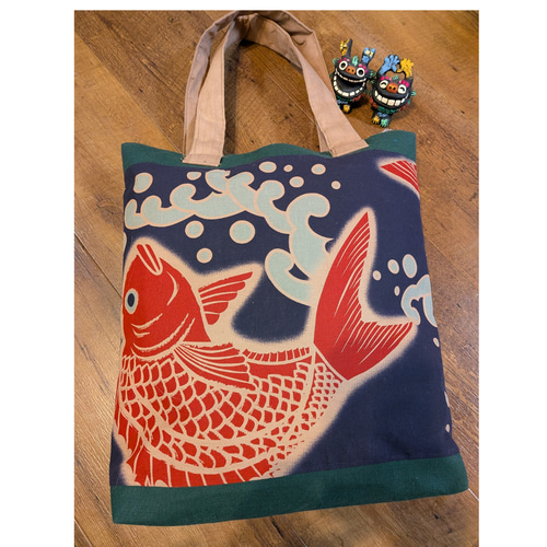 鯛柄の手ぬぐいの柿渋染めトートバッグ 手ぬぐいリメイク トートバッグ
