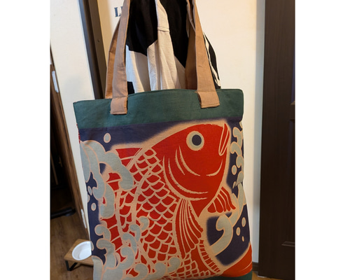 鯛柄の手ぬぐいの柿渋染めトートバッグ 手ぬぐいリメイク トートバッグ